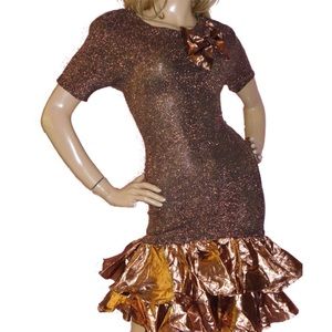 Vintage 80s 90s Gold Bodycon Retro Party Dress S M